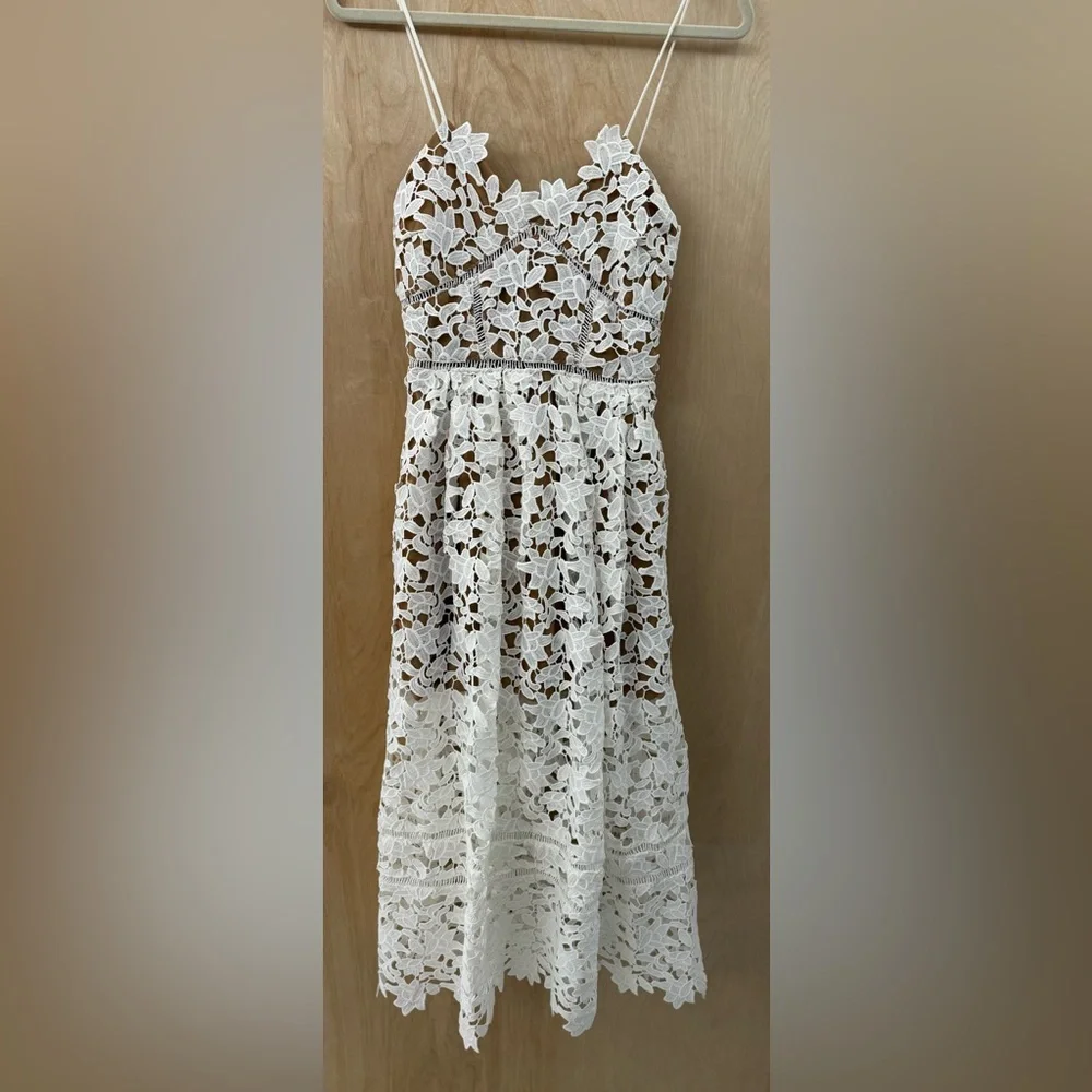 Roselani White Cotton Lace Midi Dress - Intricate Overlay - Size Small (Est.) - Picture 8 of 14